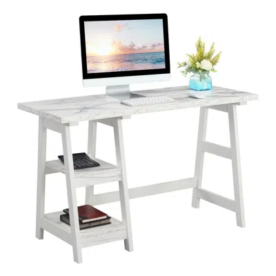 Convenience Concepts Designs2go Trestle Desk With Shelves, White Faux Marble/white