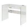 Convenience Concepts Soho 42 Inch Glass Desk With Charging Station, Faux White Marble
