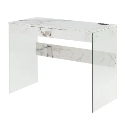 Convenience Concepts Soho 42 Inch Glass Desk With Charging Station, Faux White Marble