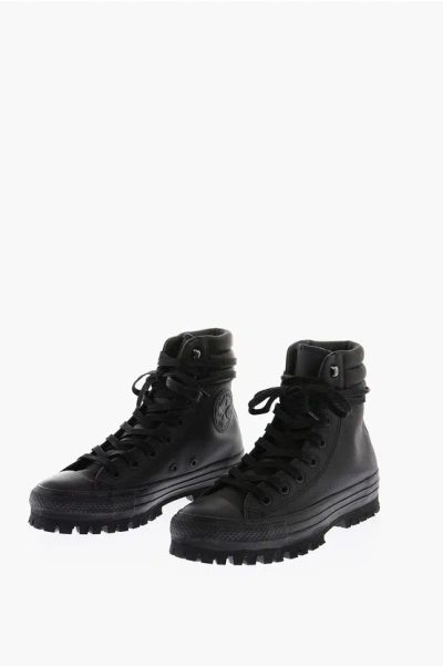 Converse All Star Chuck Taylor Cleated Sole Leather High Top Sneakers In Black
