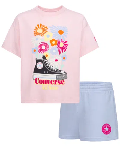 Converse Kids' Big Girls 2-piece Boyfriend Short Sleeve T-shirt And Shorts Set In Cloudy Daze