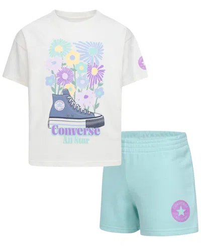 Converse Kids' Big Girls 2-piece Boyfriend Short Sleeve T-shirt And Shorts Set In Light Dew