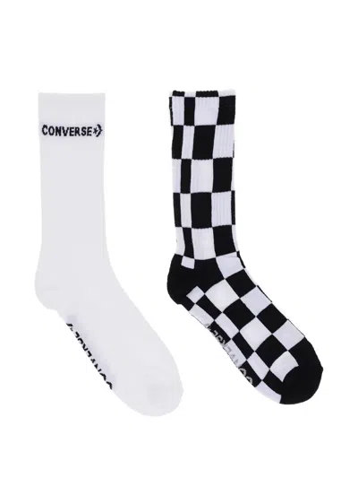 Converse Checkerboard Logo-knit Socks (set Of Two) In White