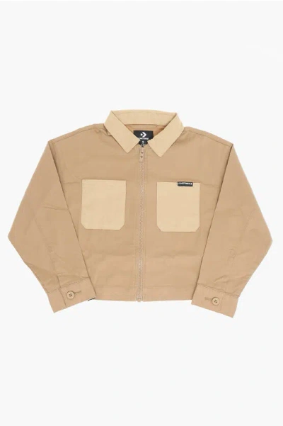 Converse Double Breast Pokets Color Block Overshirt In Brown