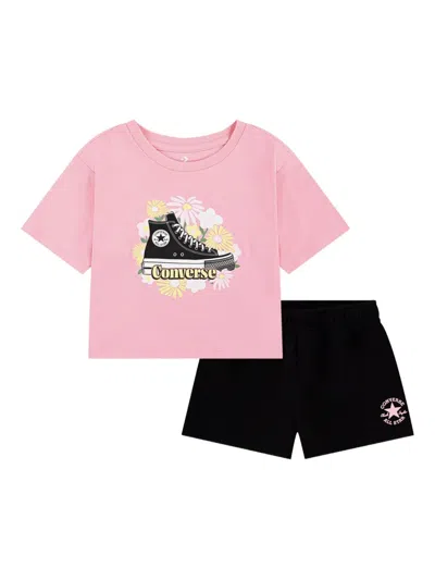Converse Kids' Floral-print Shorts Set In Pink