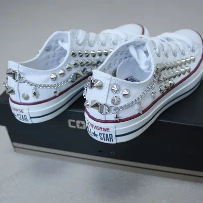 Pre-owned Converse Genuine  All-star Row-top With Studs&chain&skulls Sneakers Sheos White