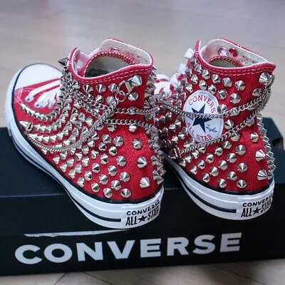 Pre-owned Converse Genuine  Red With Studs & Chains All-star Chuck Taylor Sneakers Sheos