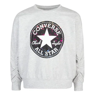 Converse Girls  Chuck Sweatshirt Heather Gray Patch Logo Ruched Sleeve Red636