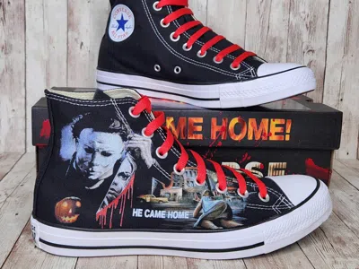 Pre-owned Converse Halloween Custom Horror High Top  Sneakers Scary Movie Shoes In Black