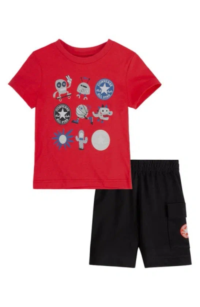 Converse Kids' Distorted Graphic T-shirt & Cargo Shorts Set In Red