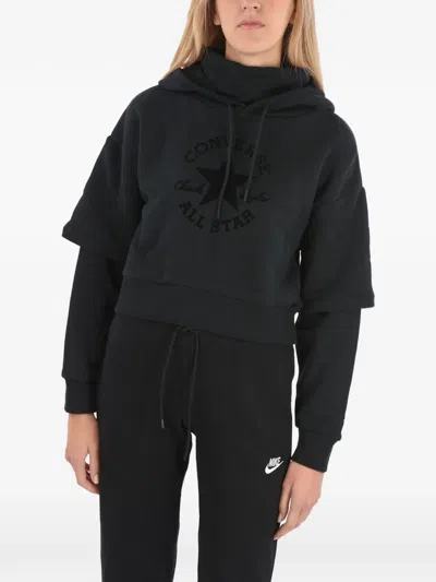 Converse Logo-print Cropped Hoodie In Black
