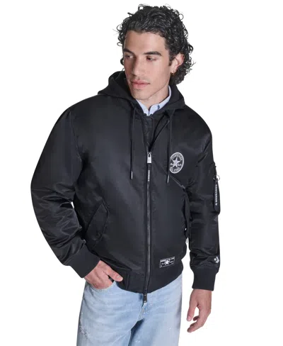 Converse Men's Hooded Bib Varsity Bomber Jacket In Black