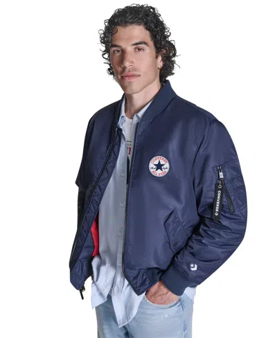 Converse Men's Hooded Bib Varsity Bomber Jacket In Blue