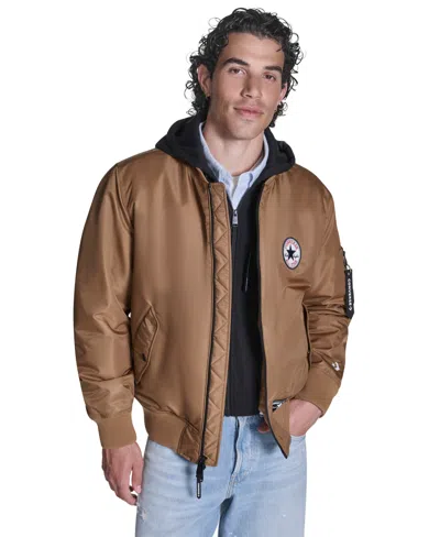 Converse Men's Hooded Bib Varsity Bomber Jacket In Brown