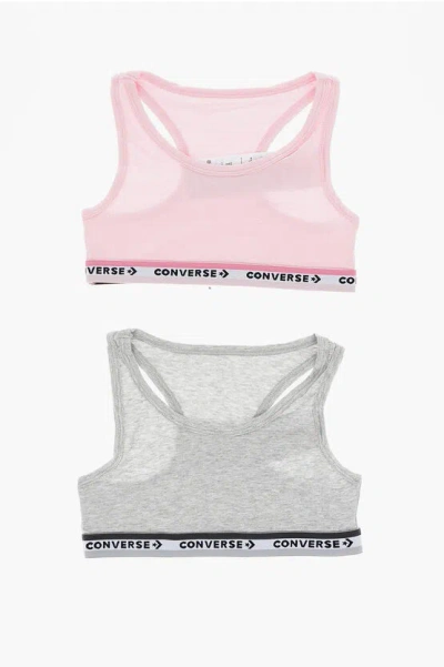 Converse Racerback 2 Pairs Of Sport Bra Set With Logo Band In Pink