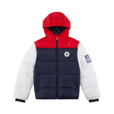 Converse Kids' Varsity Puffer Jacket Boys Colorblock Full Zip Hooded Gbo294 In Black