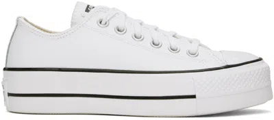 CONVERSE WHITE CHUCK TAYLOR ALL STAR PLATFORM LEATHER LOW TOP SNEAKERS