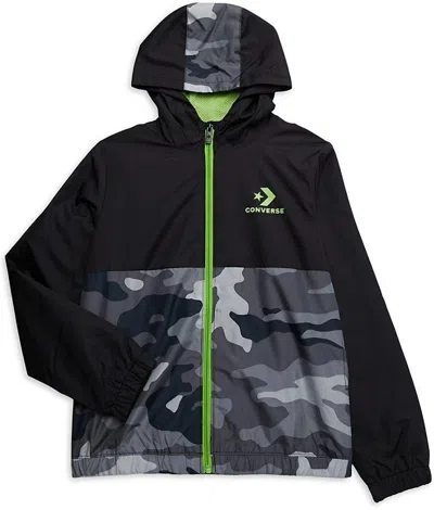 Converse Wind Jacket Kids Black Camo Full Zip Hooded Long Sleeve Red120 In Multi