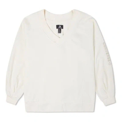 Converse (wmns)  Solid Color Loose Knit V Neck White Hoodie
