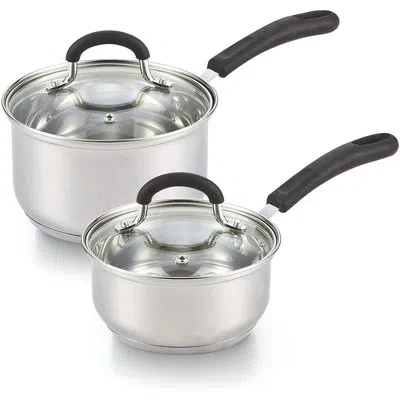 Cook N Home 1 & 2 Quart Stainless Steel Saucepan Sets With Lid, Induction Compatible Milk Pots, Stay-cool Silico In Silver