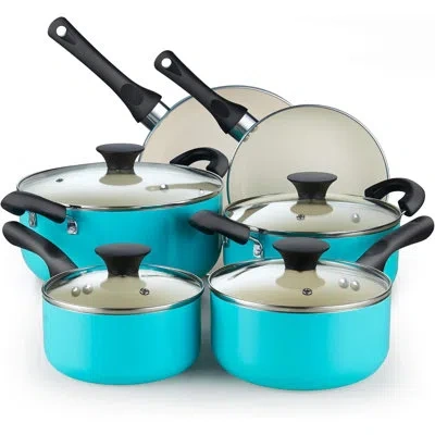 Cook N Home 10-piece Ceramic Nonstick Cookware Set - Pots, Pans, Dutch Oven, Saucepans, Frying Pans And Lids - T In Turquoise