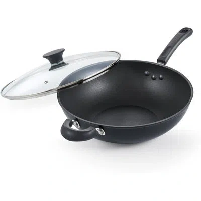 Cook N Home Hard Anodized Nonstick Wok With Lid 12-inch, Non Stick Stir-fry Pan, Flat Bottom Wok Pan, Induction  In Black