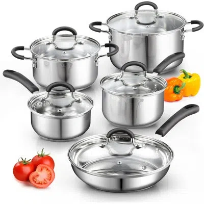 Cook N Home Stainless Steel Cookware Sets 10-piece, Pots And Pans Kitchen Cooking Set With Stay-cool Handles, Di In Stainless Steel;silver