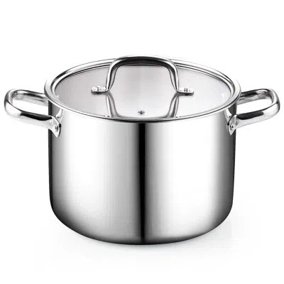 Cook N Home Stainless Steel Stockpot 8 Quart, Tri-ply Clad Soup Pot With Glass Lid, Induction Compatible, Heavy  In Silver