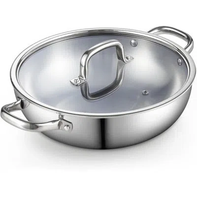 Cook N Home Stainless Steel Wok Pan With Lid, 12 Inch Tri-ply Clad Stainless Flat Bottom Wok Stir Fry Pan,  Dish In Silver