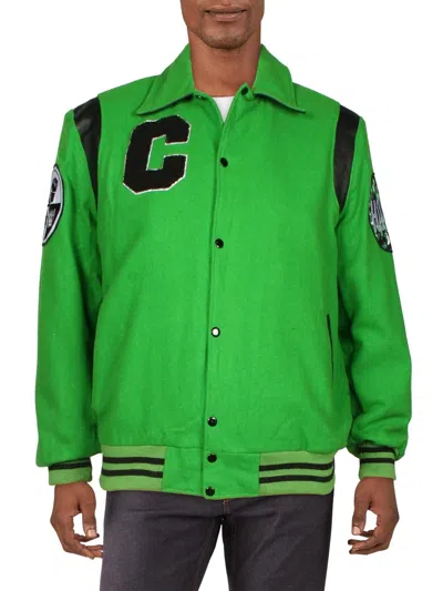 Cool Creative Hope Mens Faux Leather Trim Patchwork Bomber Jacket In Green