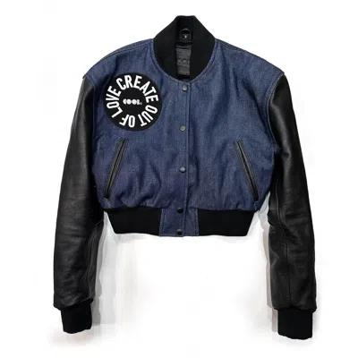 Cool Creative Women's Black / Blue Raw Denim Bomber Jacket With Leather Sleeves