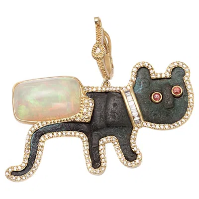 Pre-owned Coomi 20k Antique Feline Pendant With Diamonds, Opal, Emerald, And Sapphire In Blue