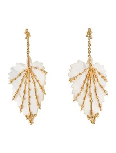 Pre-owned Coomi 20k Mother Of Pearl & Diamond Affinity Leaf Drop Earrings In White