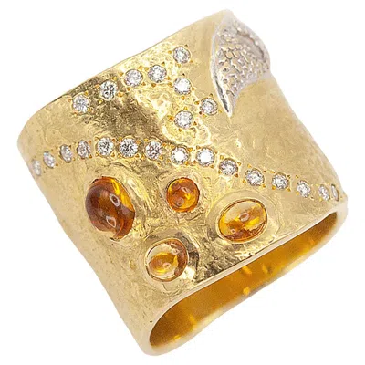 Pre-owned Coomi 20k Yellow Gold Cabochon Citrine & Diamond Wide Sculptural Ring