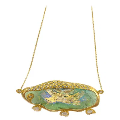 Pre-owned Coomi 20k Yellow Gold Necklace With 57.45 Carat Antique Glass And Rose-cut Diamonds