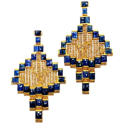 Pre-owned Coomi Art Deco Style Mosaic 20 Karat Yellow Gold Blue Sapphire Drop  Earrings