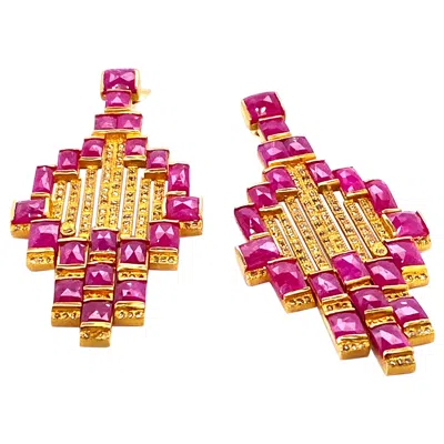Pre-owned Coomi Art Deco Style Mosaic 20 Karat Yellow Gold Ruby Drop  Earrings
