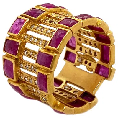 Pre-owned Coomi Art Deco Style Mosaic Cocktail Band 20 Karat Yellow Gold Ruby  Ring