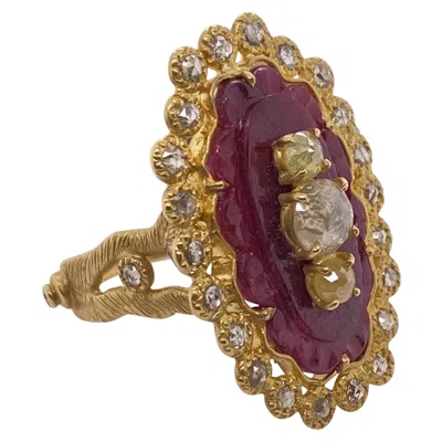 Pre-owned Coomi Big Carved Ruby Sunshine Gold Ring With 0.58 Carat Diamonds In Multi