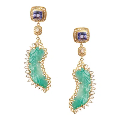 Pre-owned Coomi Carved Emerald And Tanzanite Dangle Earrings With 2.62 Carat Diamonds In Green
