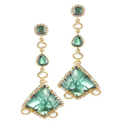 Pre-owned Coomi Carved Gold Earrings Set With Lapis Lazuli, Tsavorite, And Diamonds In Multi
