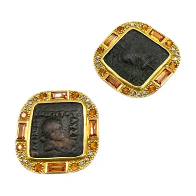 Pre-owned Coomi Coin Button Earrings Set In 20 Karat Yellow Gold With Antique Indo-greek Coin