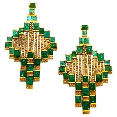 Pre-owned Coomi Mosaic Art Deco Style 20 Karat Yellow Gold  Emerald Earrings
