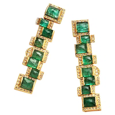 Pre-owned Coomi Mosaic Art Deco Style Emerald 20 Karat Yellow Gold  Earrings