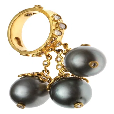 Pre-owned Coomi Three Hanging Tahitian Gray Pearls Ring With 1.74 Carat Diamonds