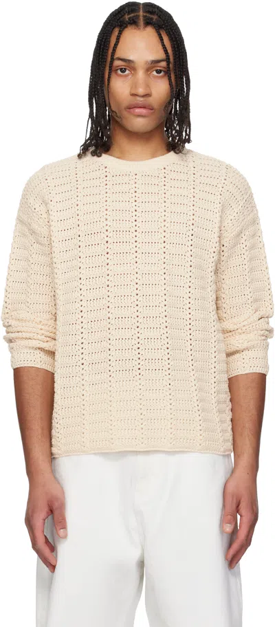 Coor Beige Cotton Crochet Pullover Knit Sweater In Natural
