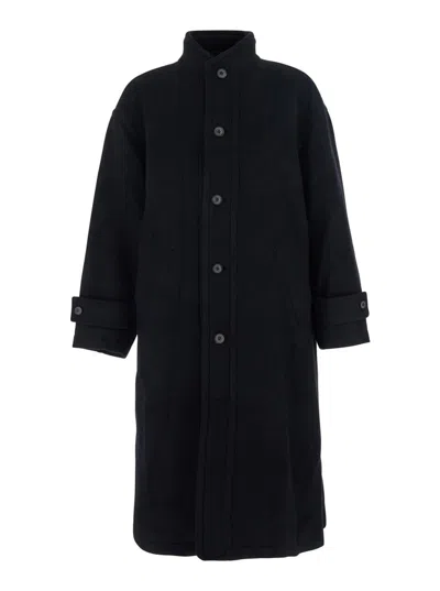 Coor Black Coat With High Neck And Belted Cuffs In Wool Man