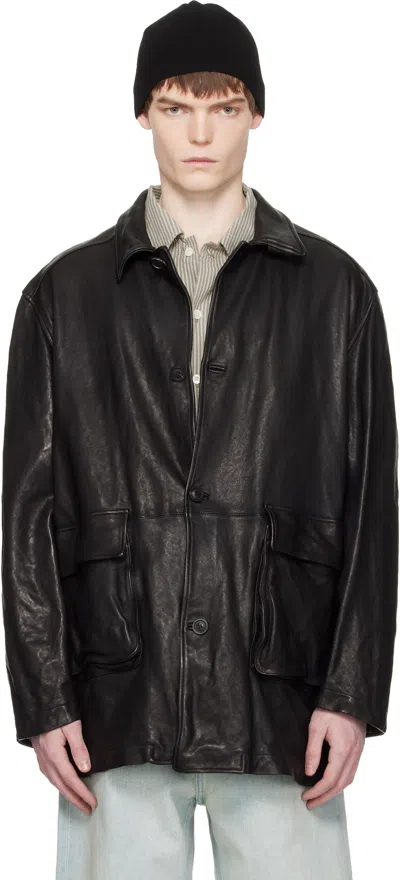 Coor Black Washed Lambskin Leather Car Coat