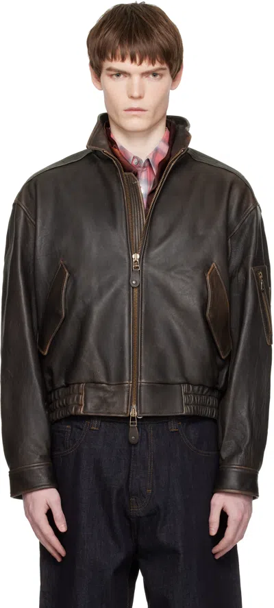Coor Brown Vintage Shelter Neck Collar Leather Jacket