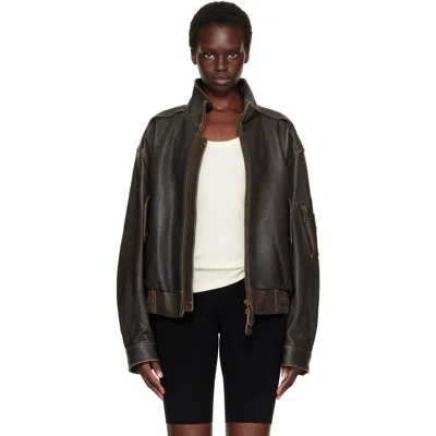 Coor Brown Vintage Shelter Neck Collar Leather Jacket